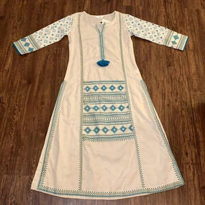 Aaboli Kaftan Calftan Dress Robe Ivory, Aqua Small
